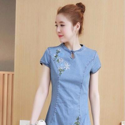 Đầm jean suông cổ tàu thêu hoa -  NJ946